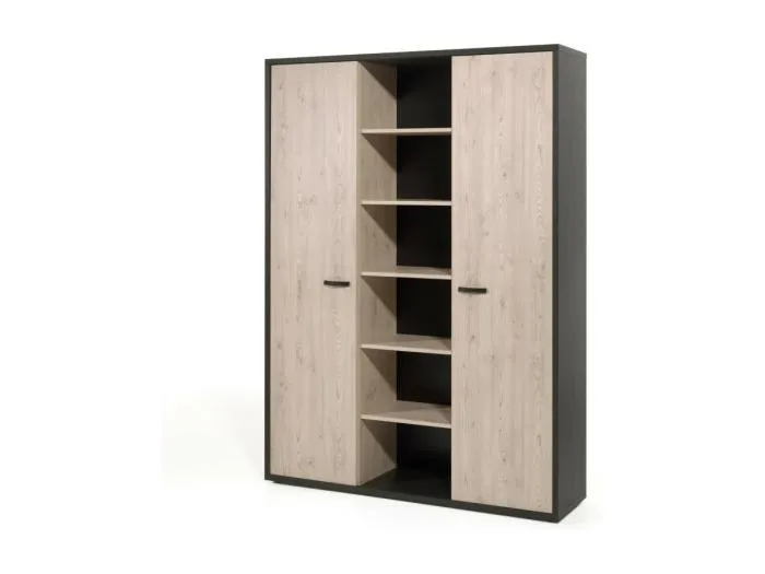 Hohes Büroschrank mit 2 Türen und Regalen in heller Eiche und Schwarz