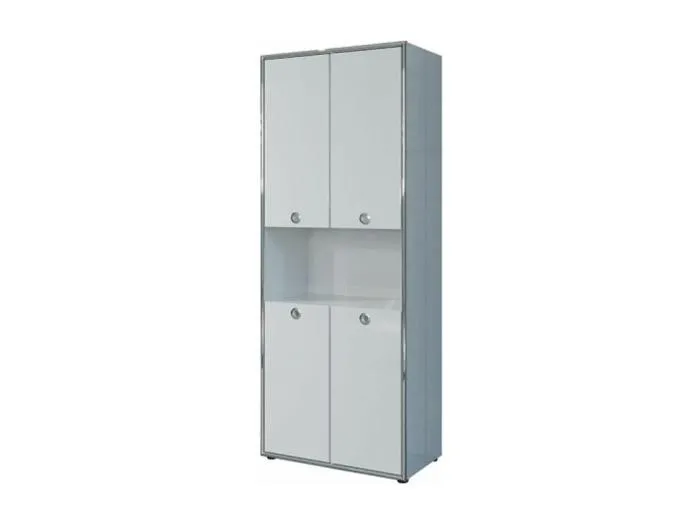 Infinity Büroschrank 4 Türen, 1 offenes Fach hellgrau Hochglanz, Chrom.