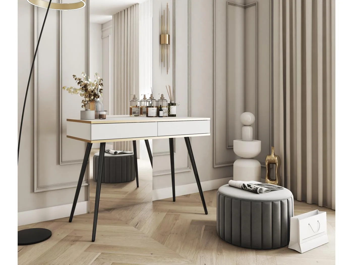 Schminktisch 102x80x50 cm, Weiß, 2 Schubladen, glatte Front, kratzfeste Platte, Metallbeine Schwarz, Push-to-Open