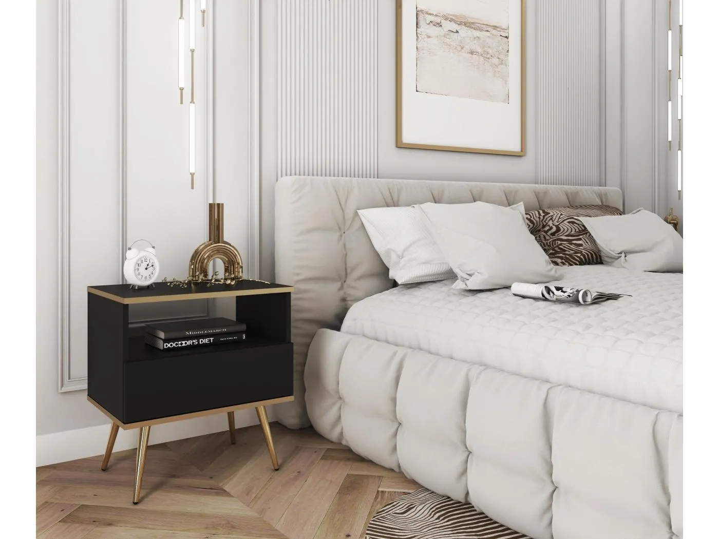 Nachttisch Farbe: Schwarz Mit Schublade Und Offenem Fach 59x54x39 cm Laminierte, Kratzfeste Platte Metallbeine in Farbe: Gold, Push-to-Open-System