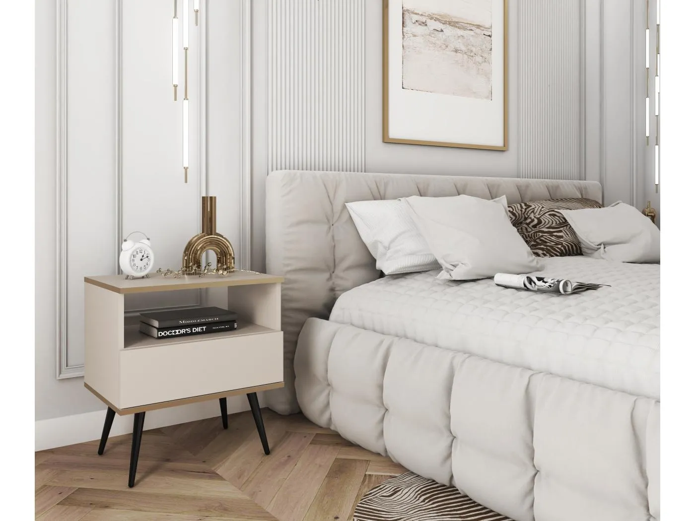 Nachttisch Farbe: Beige Mit Schublade Und Offenem Fach 59x54x39 cm Laminierte, Kratzfeste Platte Metallbeine in Farbe: Schwarz, Push-to-Open-System