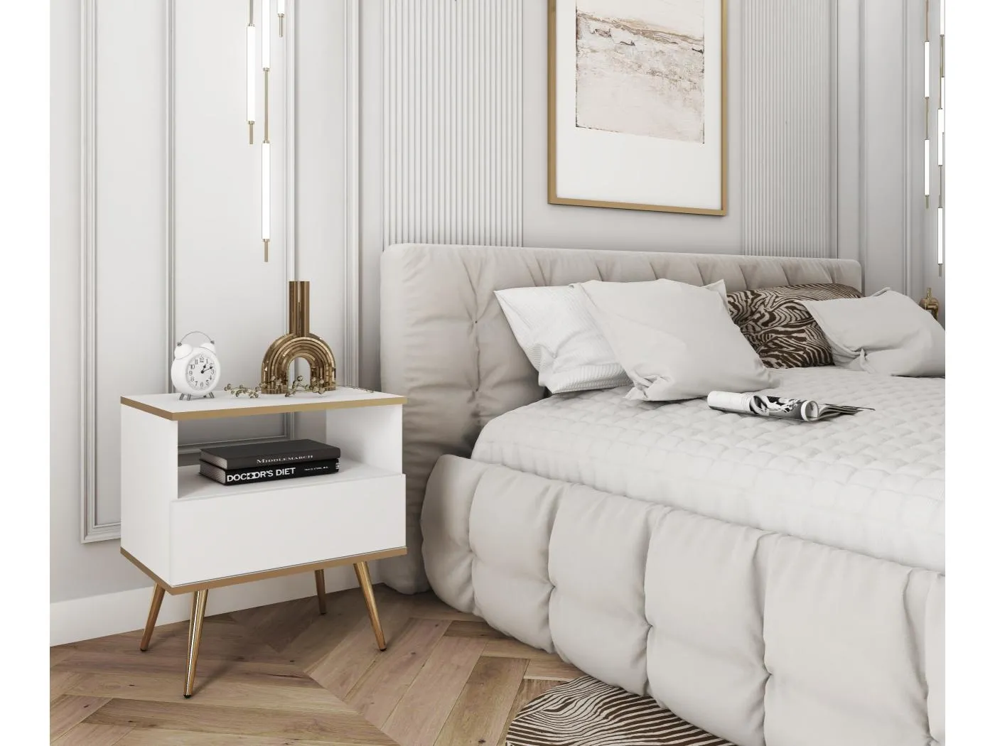 Nachttisch Farbe: Weiß Mit Schublade Und Offenem Fach 59x54x39 cm Laminierte, Kratzfeste Platte Metallbeine in Farbe: Gold, Push-to-Open-System