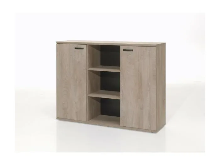 Niedriger Büroschrank mit 2 Türen und Regalen in roher Eichenfarbe, Kollektion YUKON