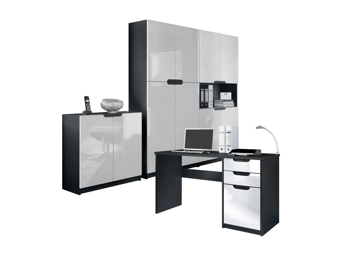 BÜROMÖBELSET Logan Fronten in Weiß Hochglanz