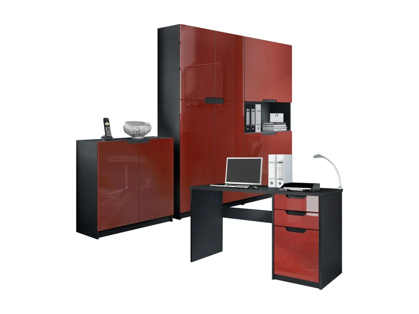 BÜROMÖBELSET Logan Fronten in Bordeaux Hochglanz