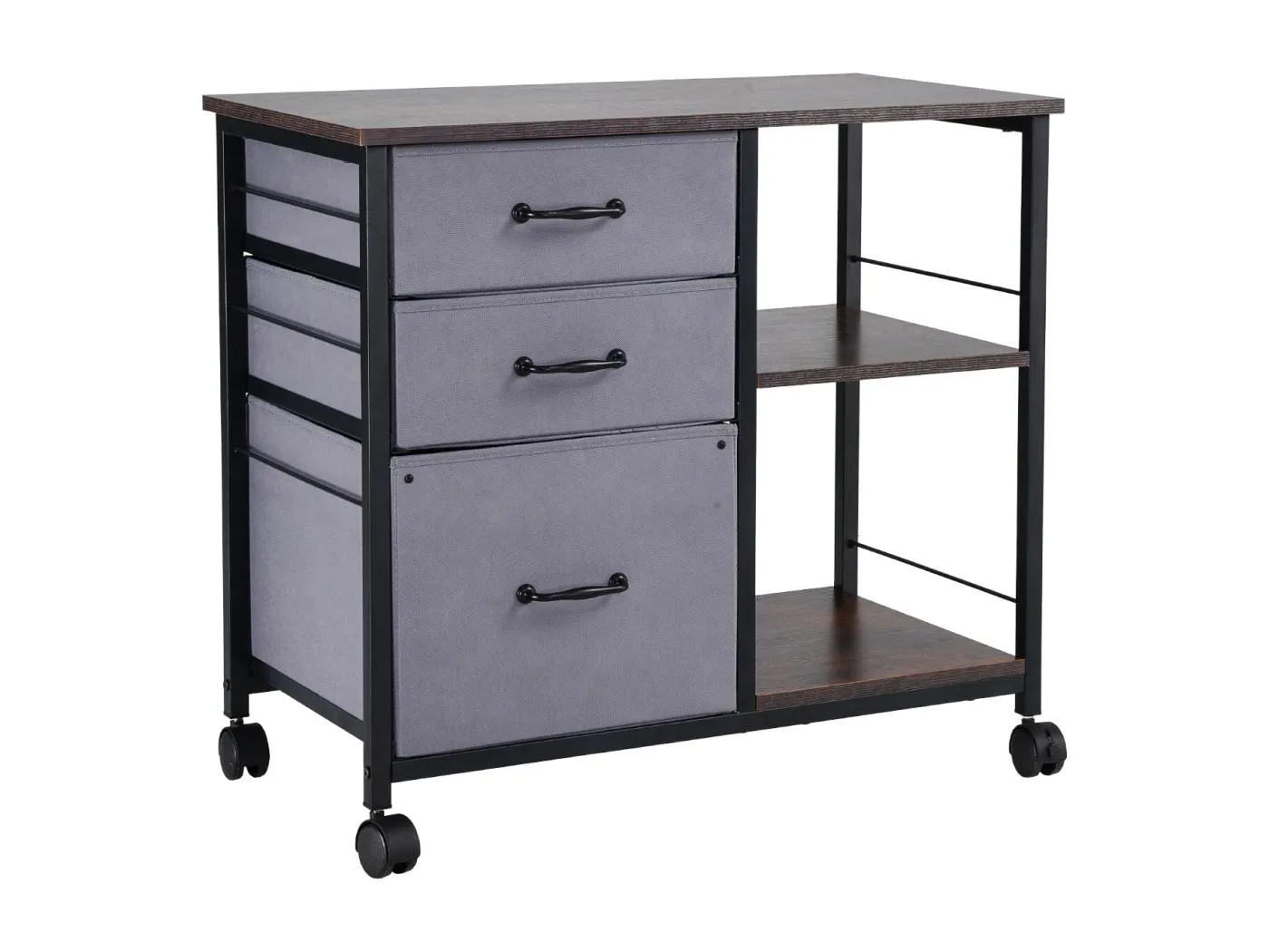 Büroschrank SucceBuy, mit 3 Stoffschubladen und 2 Offenen Regalen, Mobil, zur Aufbewahrung von Dokumenten und Akten, für zu Hause, Braun