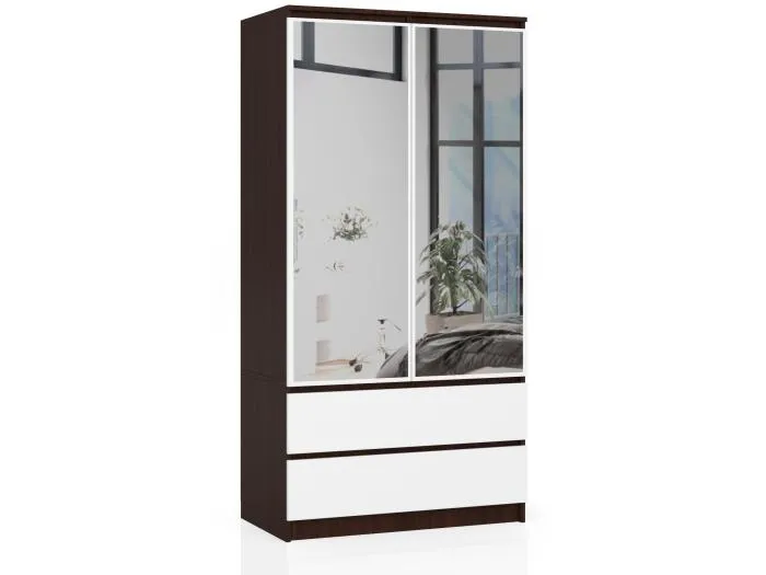 Kleiderschrank AKORD S90 mit Spiegel Wenge 90 cm 2 Türen 2 Schubladen 4 Ebenen Front Weiß B90 x H180 x T51 cm
