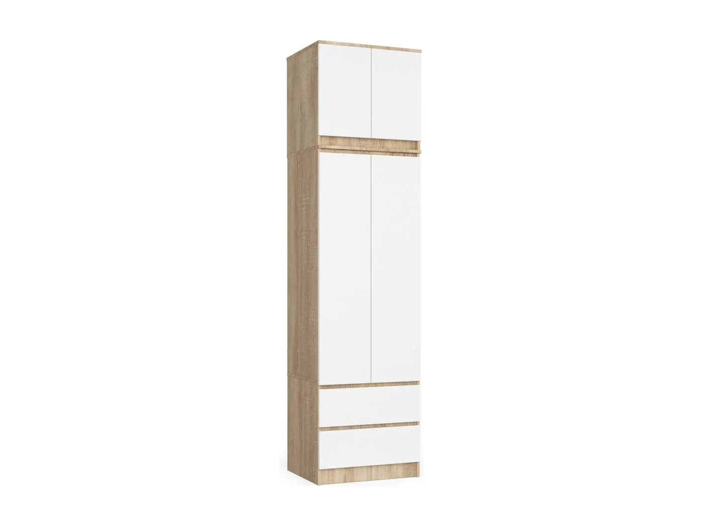 Kleiderschrank AKORD S60 mit Aufsatz Sonoma-Eiche 60 cm 2 Türen 2 Schubladen 3 Ebenen Front Weiß B60 x H234 x T51 cm
