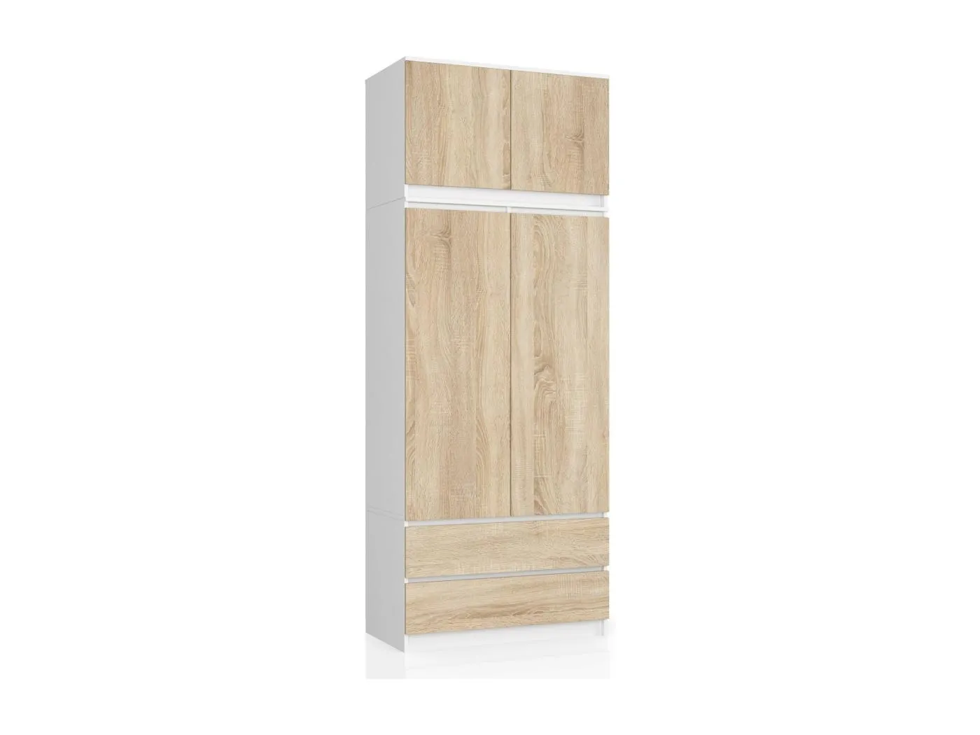 Kleiderschrank AKORD S90 mit Aufsatz Weiß 90 cm 2 Türen 2 Schubladen 6 Ebenen Front Sonoma-Eiche B90 x H234 x T51 cm