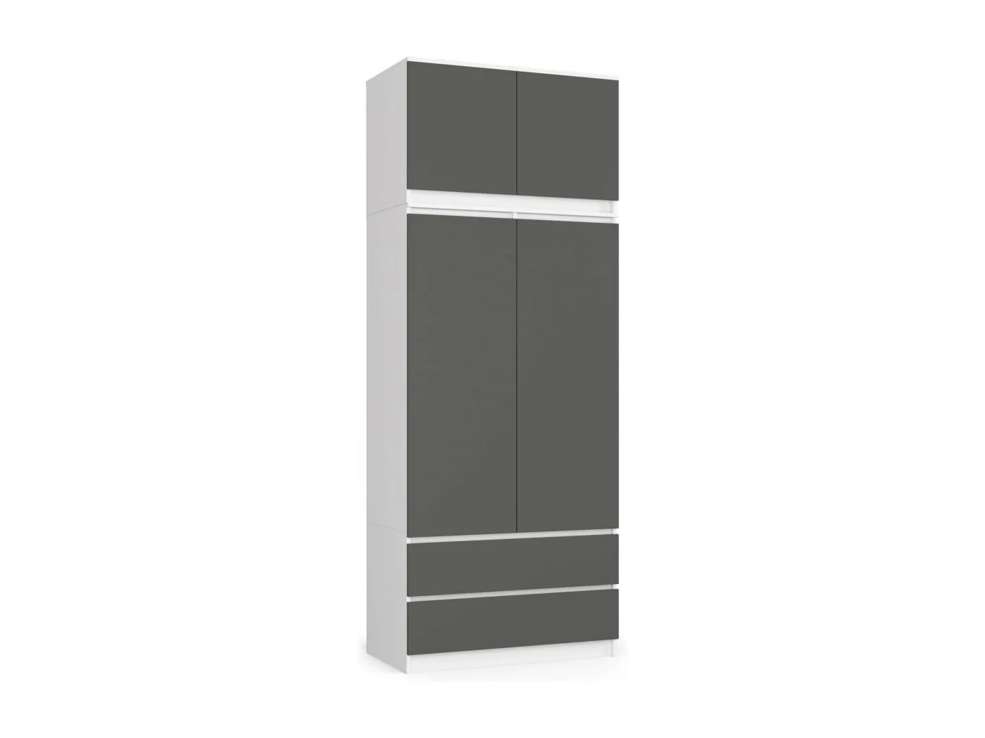 Kleiderschrank AKORD S90 mit Aufsatz Weiß 90 cm 2 Türen 2 Schubladen 6 Ebenen Front Graphitgrau B90 x H234 x T51 cm