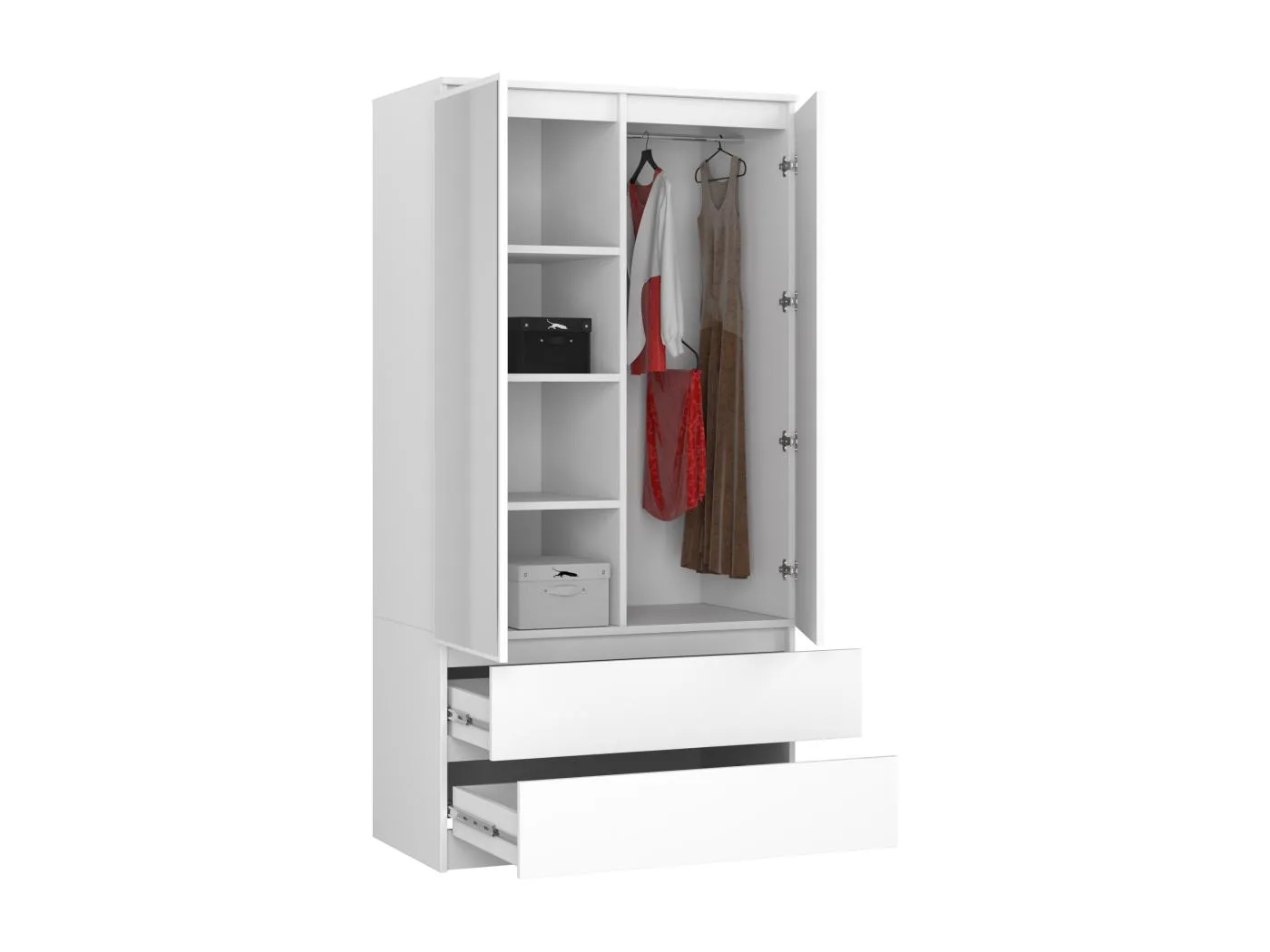 Kleiderschrank AKORD S90 mit Spiegel Weiß 90 cm 2 Türen 2 Schubladen 4 Ebenen B90 x H180 x T51 cm