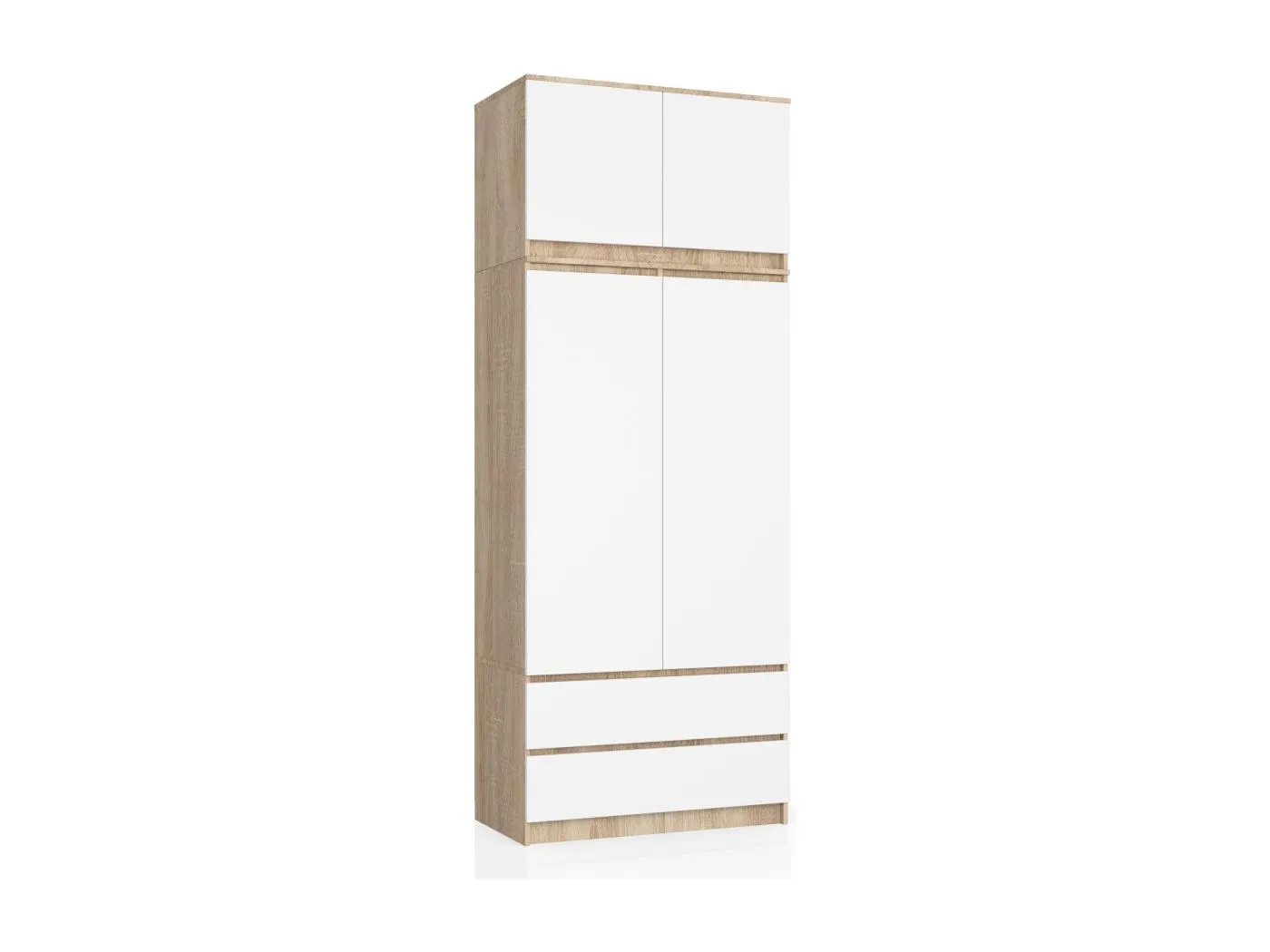 Kleiderschrank AKORD S90 mit Aufsatz Sonoma-Eiche 90 cm 2 Türen 2 Schubladen 6 Ebenen Front Weiß B90 x H234 x T51 cm
