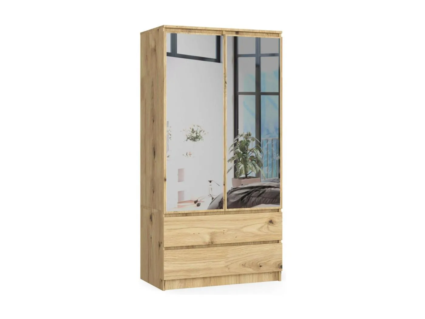 Kleiderschrank AKORD S90 mit Spiegel Eiche Artisan 90 cm 2 Türen 2 Schubladen 4 Ebenen B90 x H180 x T51 cm