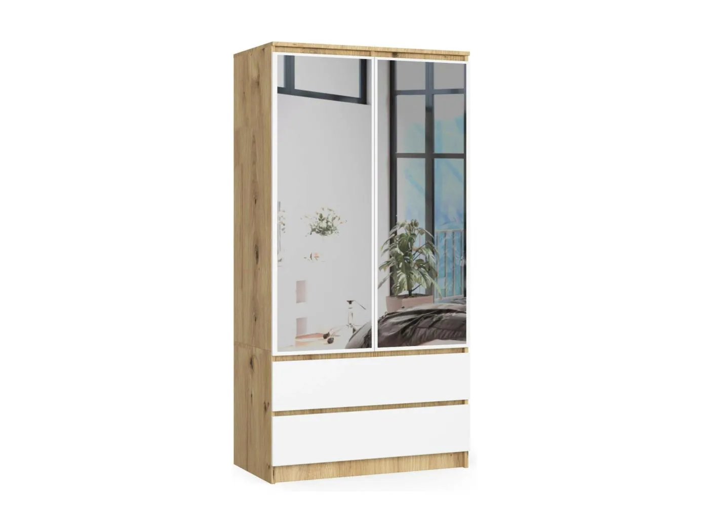 Kleiderschrank AKORD S90 mit Spiegel Eiche Artisan 90 cm 2 Türen 2 Schubladen 4 Ebenen Front Weiß B90 x H180 x T51 cm