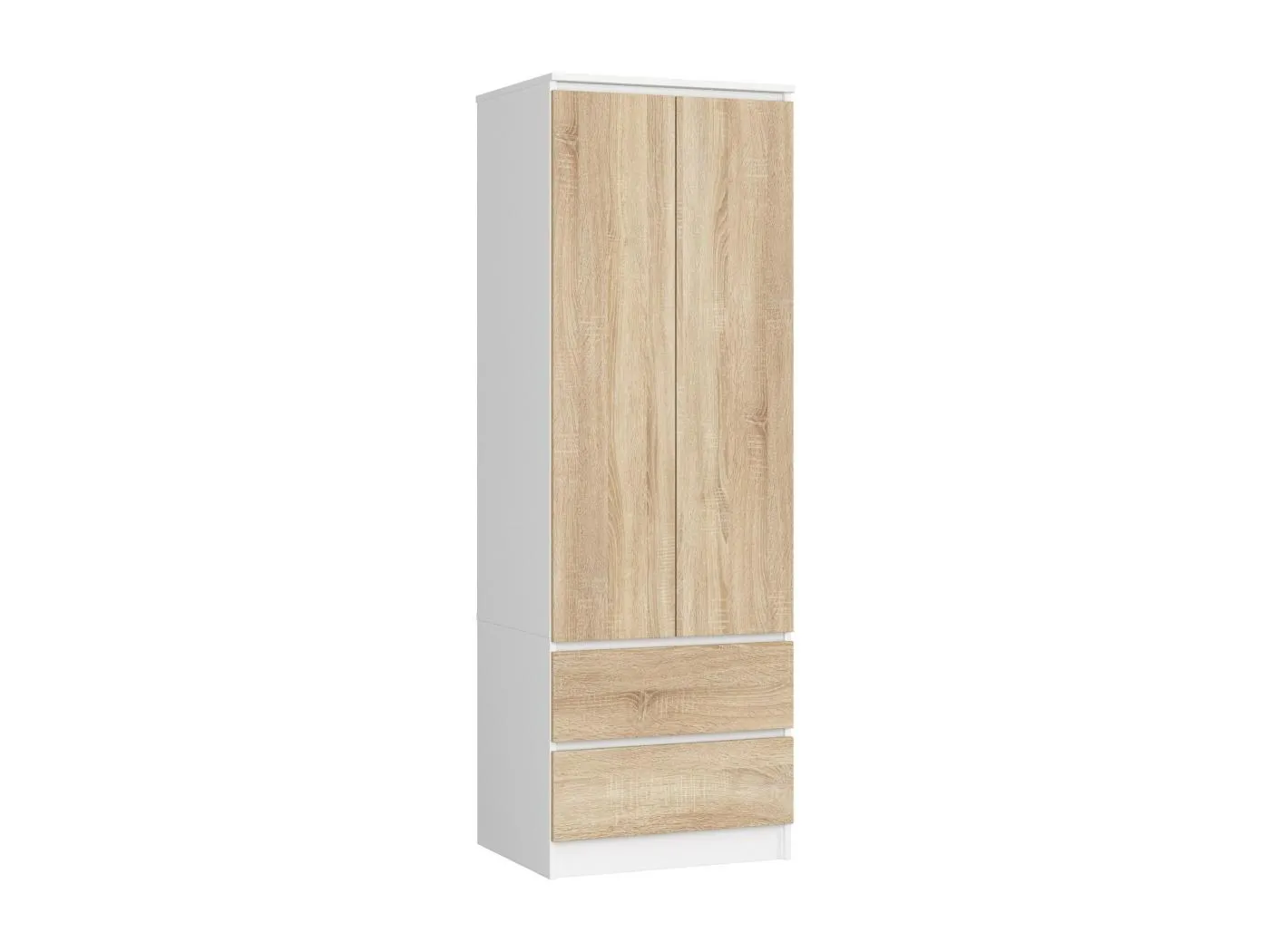 Kleiderschrank AKORD S60 Weiß 60 cm 2 Türen 2 Schubladen Regal Front Sonoma-Eiche B60 x H180 x T51 cm