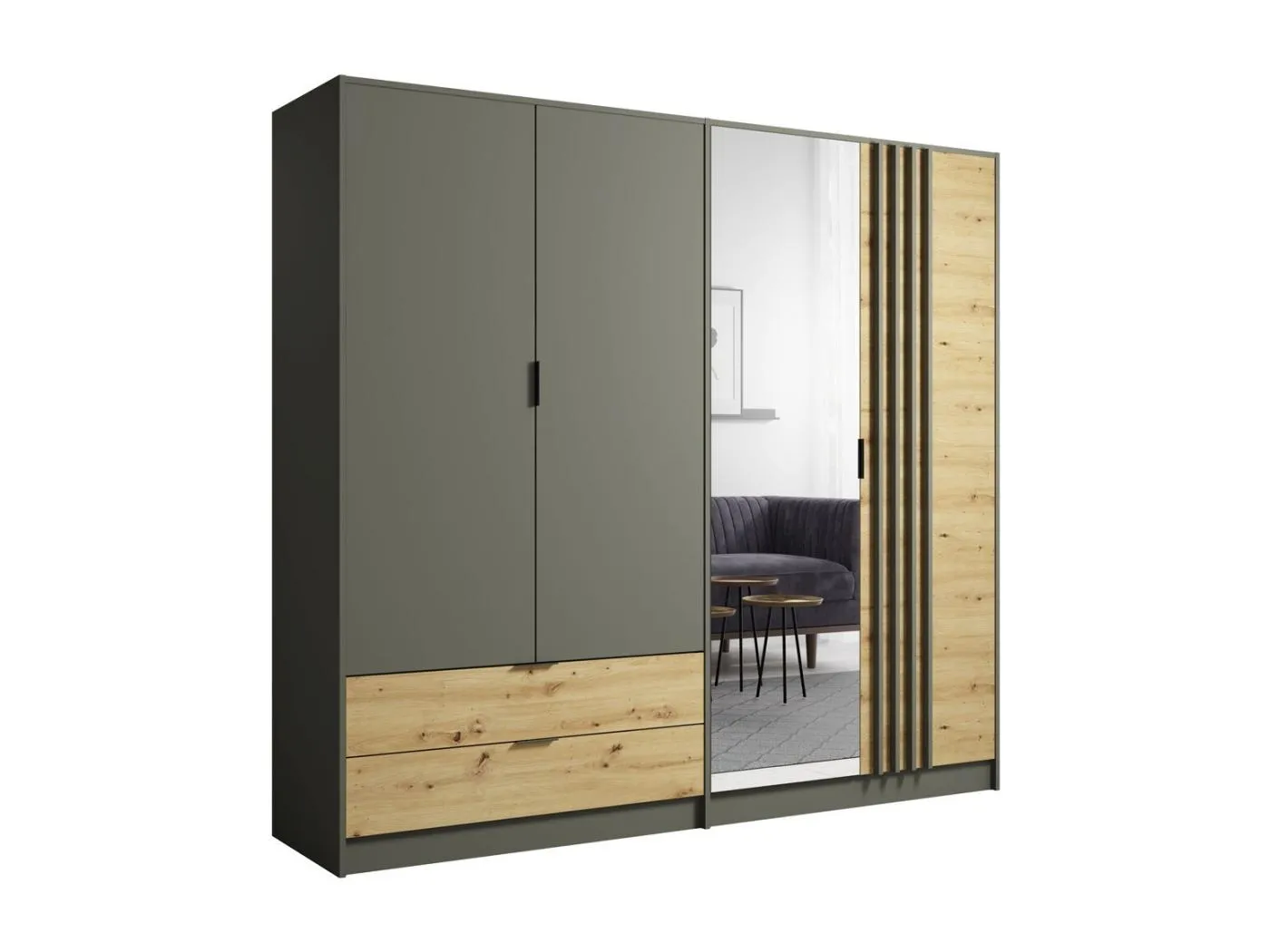 Schrank 220cm mit 4 Türen und 2 Schubladen in Graphitgrau und Eichenfarbe. Kollektion IZO