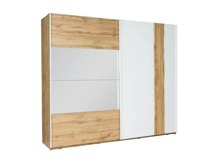 Kleiderschrank 250 cm WOOD mit 2 Schiebetüren und Spiegel in Eichen- und Weißfarbe
