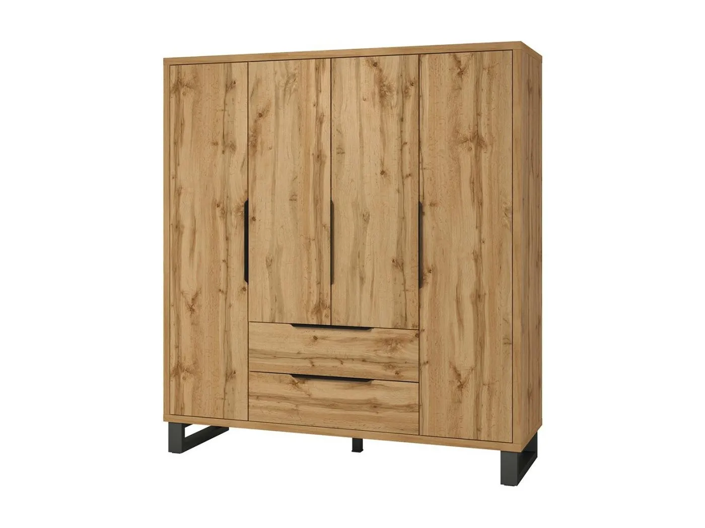 Holzschrank im skandinavischen Stil, 190 cm, mit 4 Türen und 2 Schubladen in roher Eichenfarbe. Kollektion MILOS