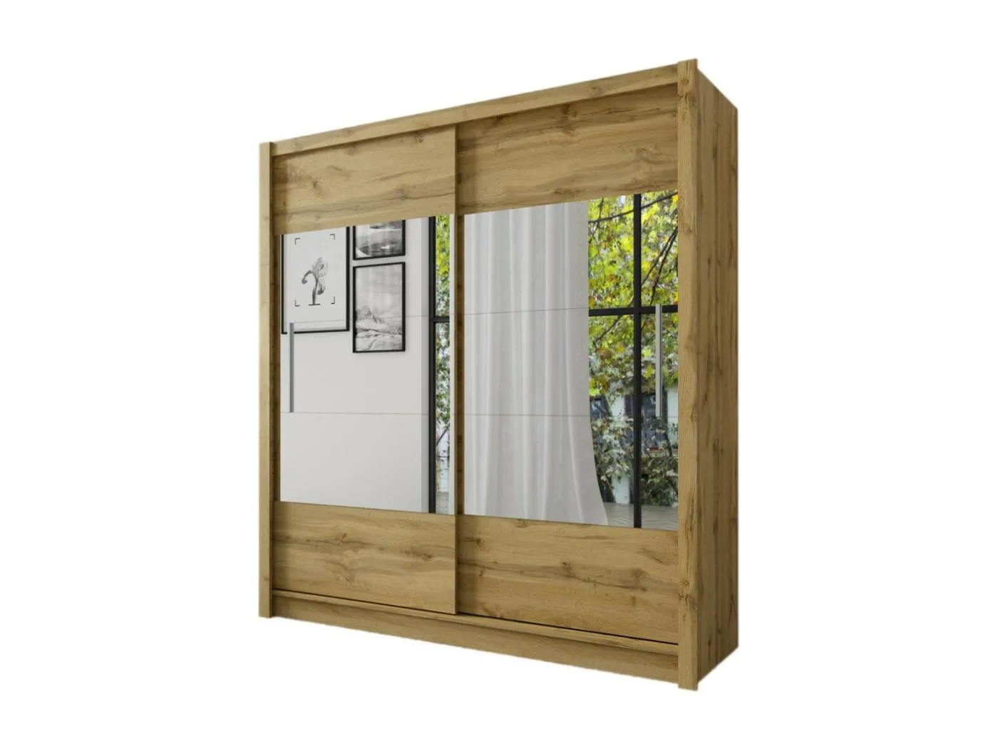 Kleiderschrank, Garderobe ROM 180 cm mit zwei Türen und Spiegel, komplette Ankleide mit Kleiderstange und Regalen, Wotan-Eiche.