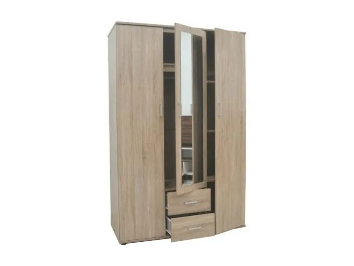 Kleiderschrank, Garderobe mit Spiegel aus der TOM Kollektion, 3 Türen 120 cm, eingebaute Garderobe in Sonoma-Eiche.