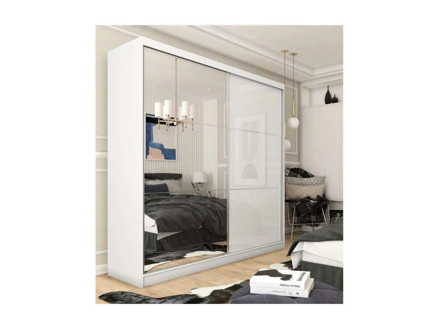 SCHWEBETÜRENSCHRANK Viva 200/216/61 weiß mit Spiegel und Schubladeneinsätze