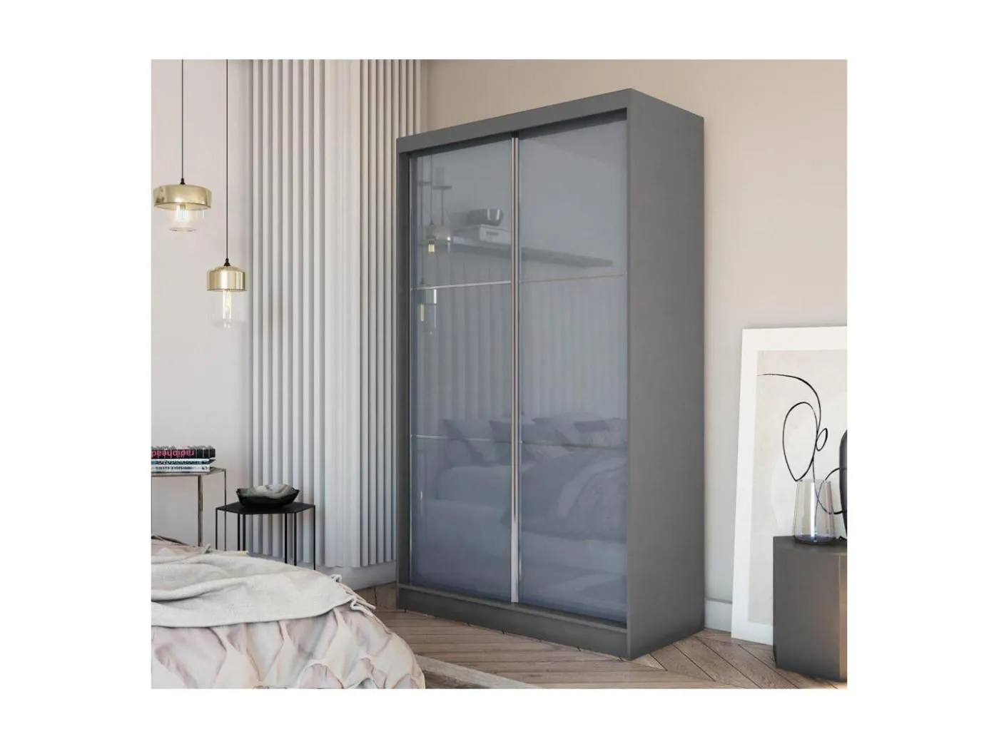 SCHWEBETÜRENSCHRANK Viva 150/216/61 graphit mit Lacobel-Glas und Schubladeneinsätze