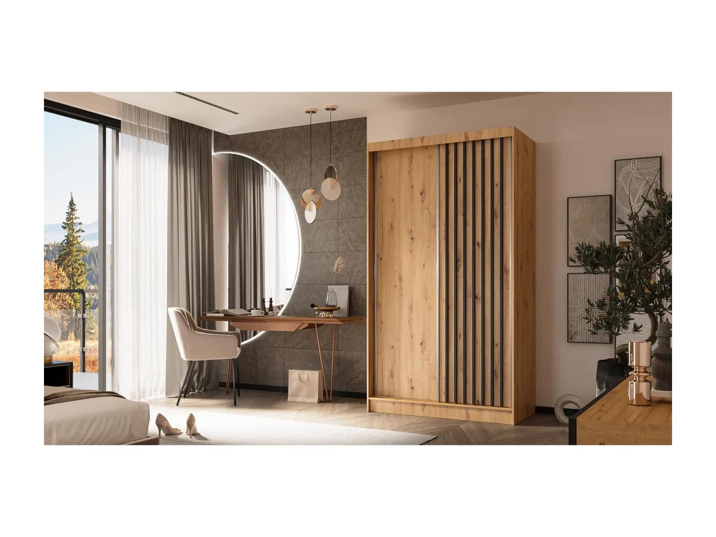 SCHWEBETÜRENSCHRANK Helios 120/216/61 eiche Artisan+schwarz mit Schubladen