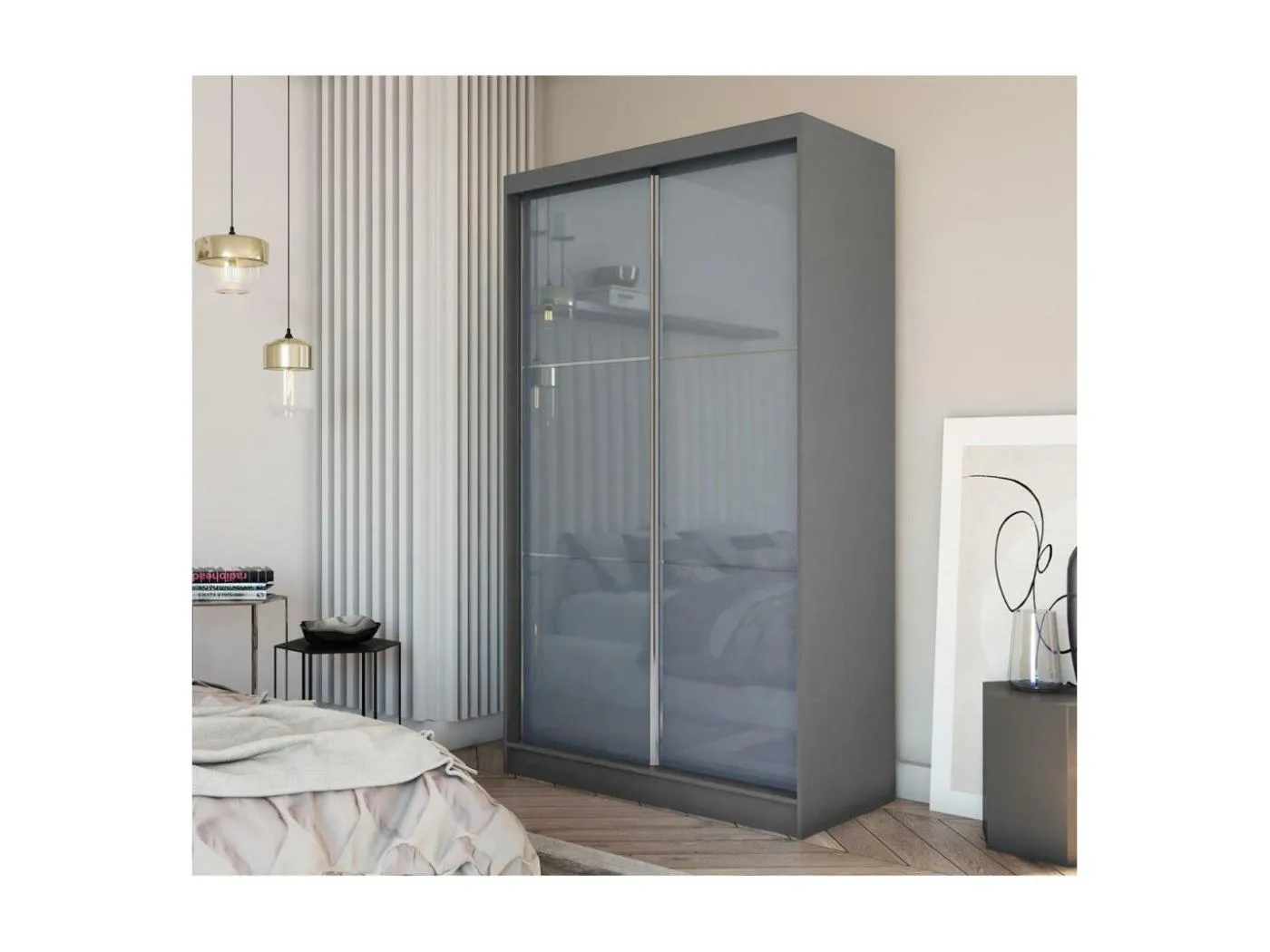 SCHWEBETÜRENSCHRANK Viva 120/216/61 graphit mit Lacobel-Glas und Schubladeneinsätze