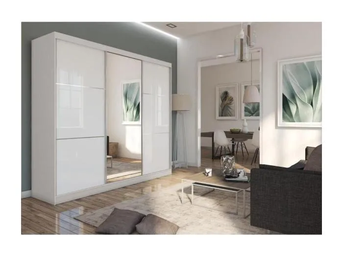 SCHWEBETÜRENSCHRANK Viva II 240/216/61 kaschmirmit Lacobel-Glas und Schubladen