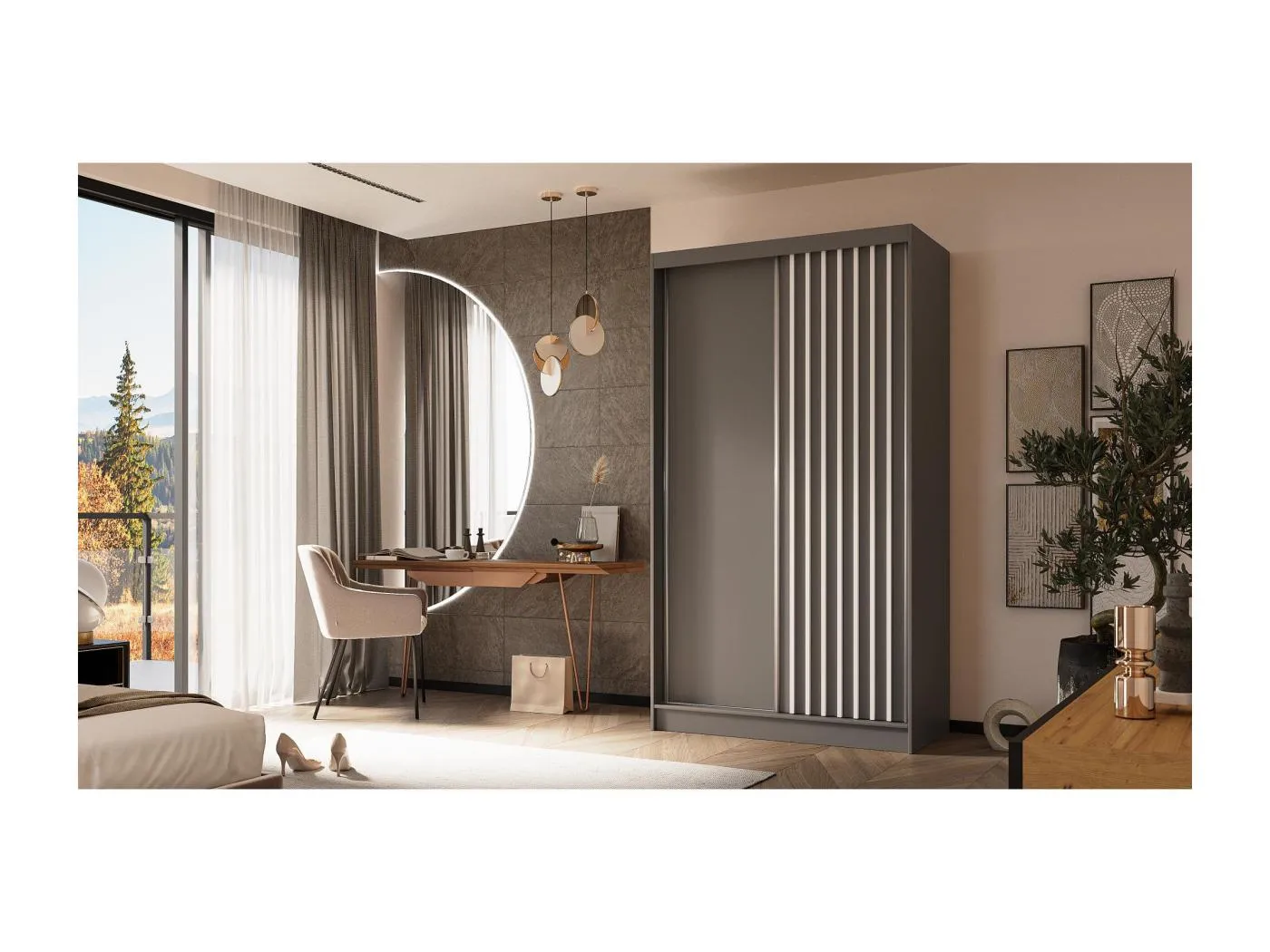 SCHWEBETÜRENSCHRANK Helios 120/216/61 grau+weiß mit Schubladen