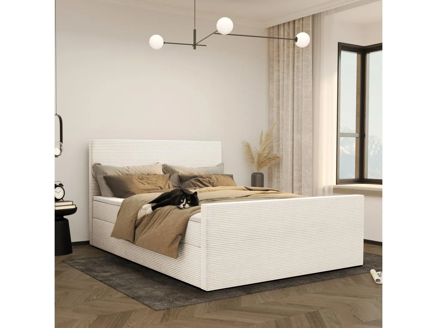 Boxspringbett mit bettkasten und topper VIESTA stoff Poso Ecru 120x200 cm H2-Pocket