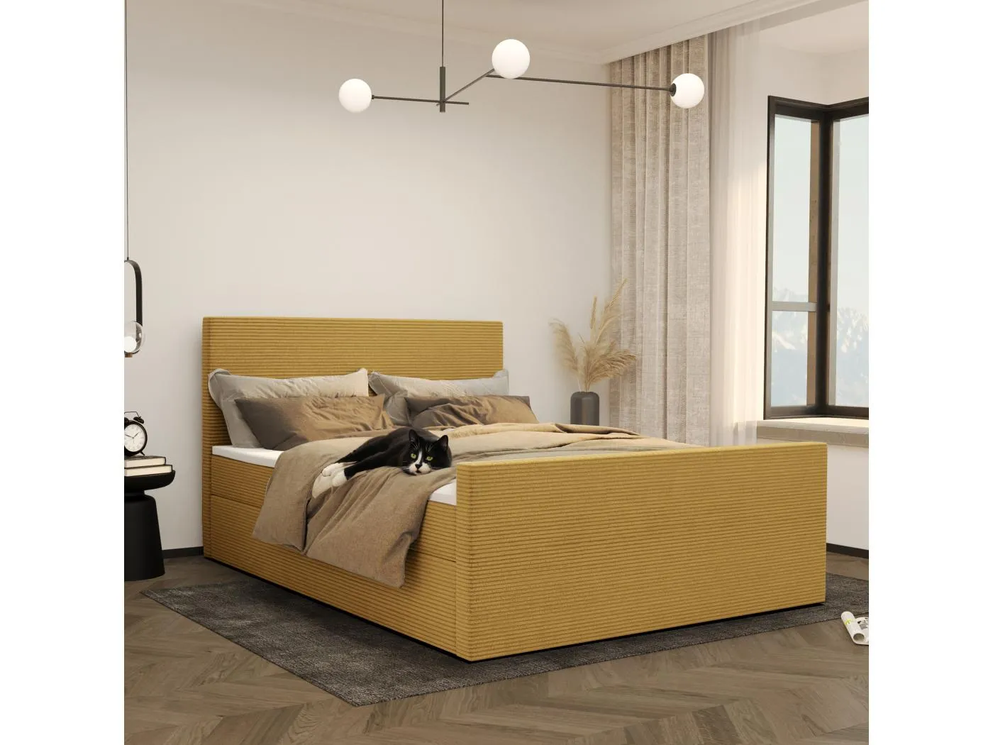 Boxspringbett mit bettkasten und topper VIESTA stoff Poso Gelb 140x200 cm H3-Bonell