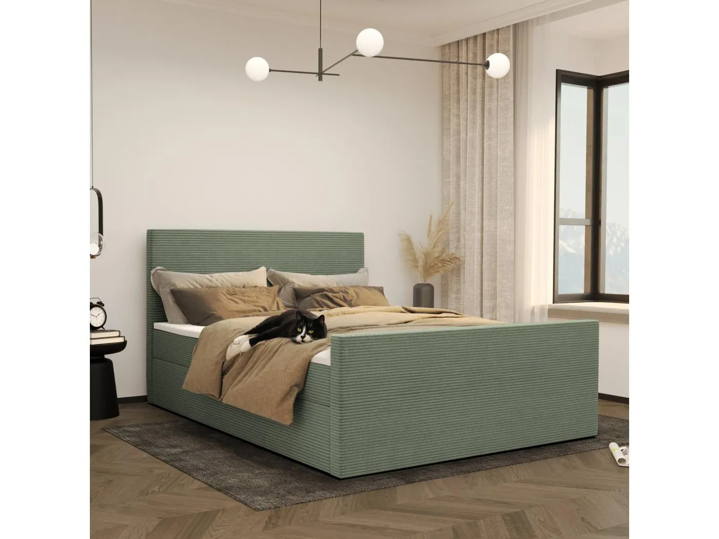 Boxspringbett mit bettkasten und topper VIESTA stoff Poso Hellgrün 160x200 cm H2-Pocket