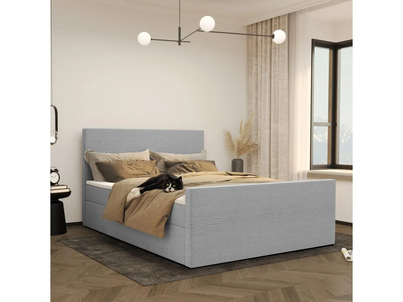 Boxspringbett mit bettkasten und topper VIESTA stoff Poso Hellgrau 200x200 cm H2-Pocket