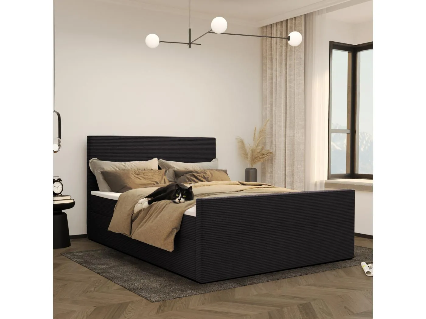 Boxspringbett mit bettkasten und topper VIESTA stoff Poso Schwarz 180x200 cm H3-Bonell