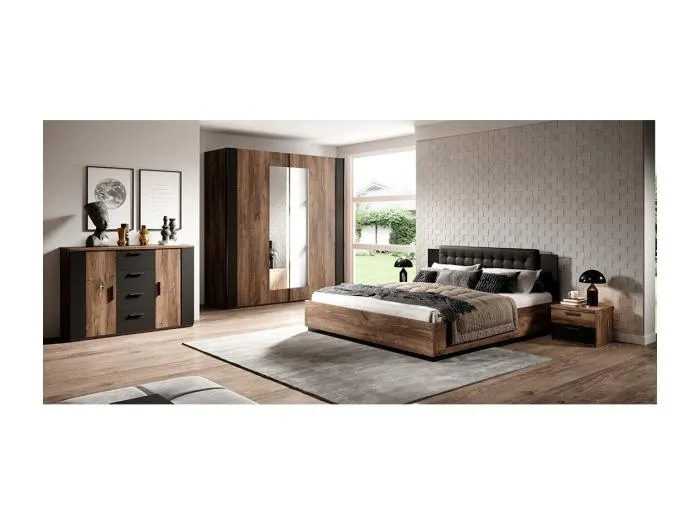 Komplettes Schlafzimmer FOX – Bett mit Stauraum 180x200, Lattenrost inklusive, Schrank, Kommode, Nachttische – Dunkle Eiche