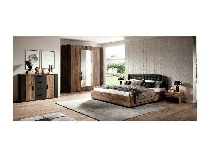 Komplettes Schlafzimmer FOX – Schrank 200 cm, Bett 180x200 mit Lattenrost, Kommode, Nachttische – Dunkle Eiche