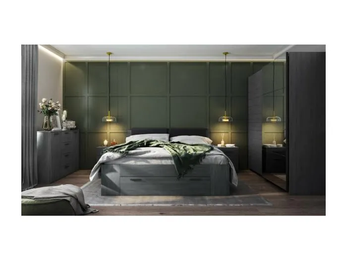 Schlafzimmer FLOYD: Kleiderschrank 200cm, Bett 160x200, Kommode, Nachttische. Farbe Grau in Holzoptik.