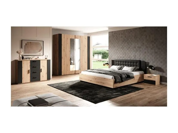 Komplettes Schlafzimmer-Set FOX: Schrank 200cm, Bett 180x200, Kommode, Nachttische. Farbe helles Eichenholz und Schwarz.