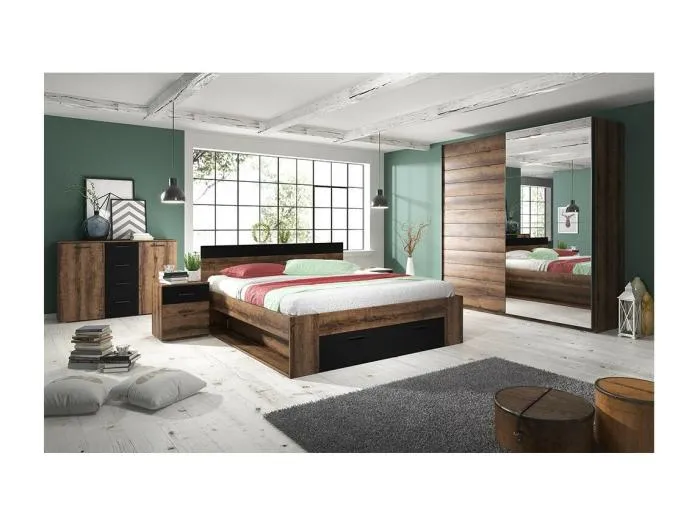 Schlafzimmer EOS: Kleiderschrank 220x210, Bett 180, Kommode, Nachttische. Farbe Dunkleiche und Schwarz.