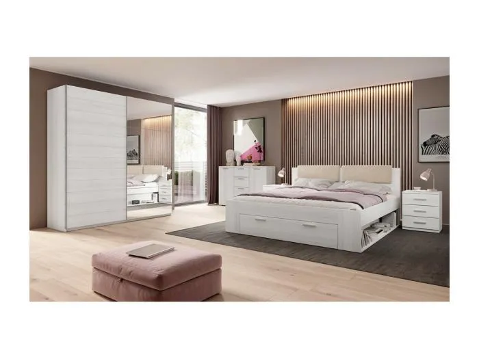 Schlafzimmer FLOYD: Kleiderschrank 220cm, Bett 140x200, Kommode, Nachttische. Farbe Weiß mit Holzeffekt.