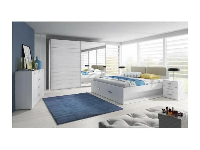 Schlafzimmer FLOYD: Schrank 220cm, Bett 180x200, Kommode, Nachttische. Farbe Weiß mit Holzeffekt.