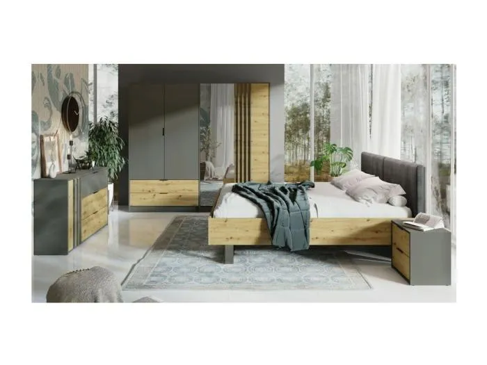 Komplettes Design-Schlafzimmer IZO: Schrank, Bett 160x200, Kommode, Nachttische, Eiche/anthrazitgrau