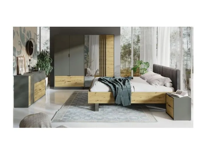 Komplettes Design-Schlafzimmer IZO: Kleiderschrank, Bett 180x200, Kommode, Nachttische, Eiche/anthrazitgrau