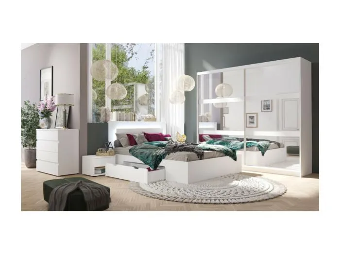 Schlafzimmer-Set NOFI - Bett 140x200 cm mit Lattenrost, 2 Schubladen, Nachttische, Kleiderschrank und Kommode - weiß