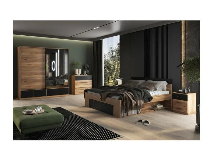 Schlafzimmer Designkollektion EOS: Schrank, Bett 180x200, Kommode, Nachttische. Farbe helles Eichenholz und Schwarz.