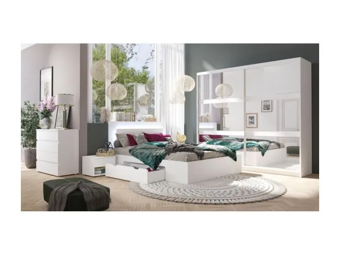 Schlafzimmer-Set NOFI - Bett 180x200 cm mit Lattenrost, 2 Schubladen, Nachttische, Kleiderschrank und Kommode - weiß