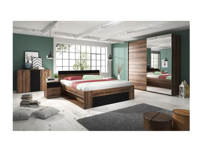 Schlafzimmer EOS: Schrank, Bett 160x200, Kommode, Nachttische. Farbe Dunkleiche und Schwarz.