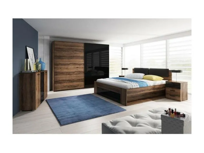 Schlafzimmer FLOYD: Kleiderschrank 200 cm, Bett 140x200, Kommode, Nachttische. Farbe Dunkel-Eiche und glänzend Schwarz.