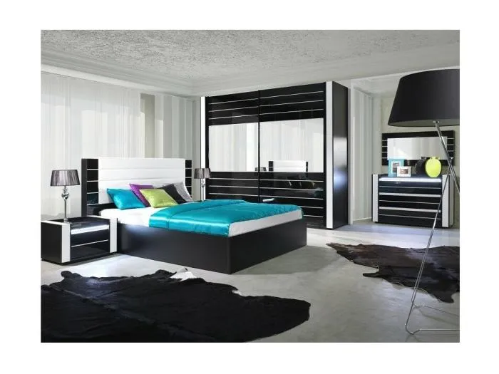 Design-Schlafzimmer-Set LINA in Schwarz. Bett mit Stauraum 180x200 + 2 Nachttische mit LED + Kommode mit LED